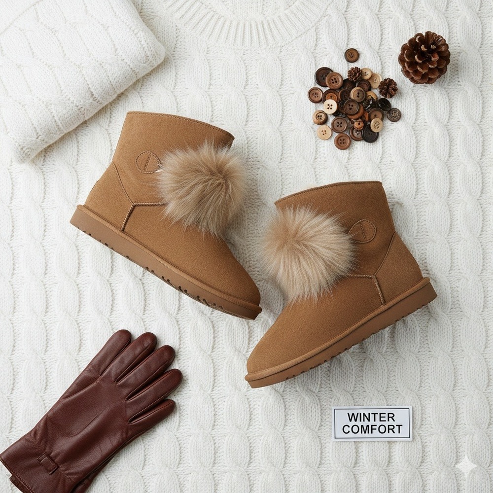 Bearpaw Suede Boots with Fur Pom Pom‎ Detail - Women's Winter Ankle Boots